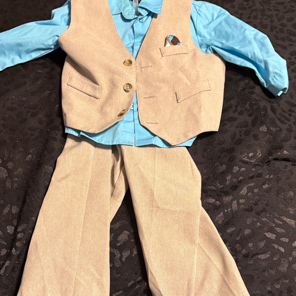 Holiday Editions Beige Vest and Pants with Light Blue Shirt